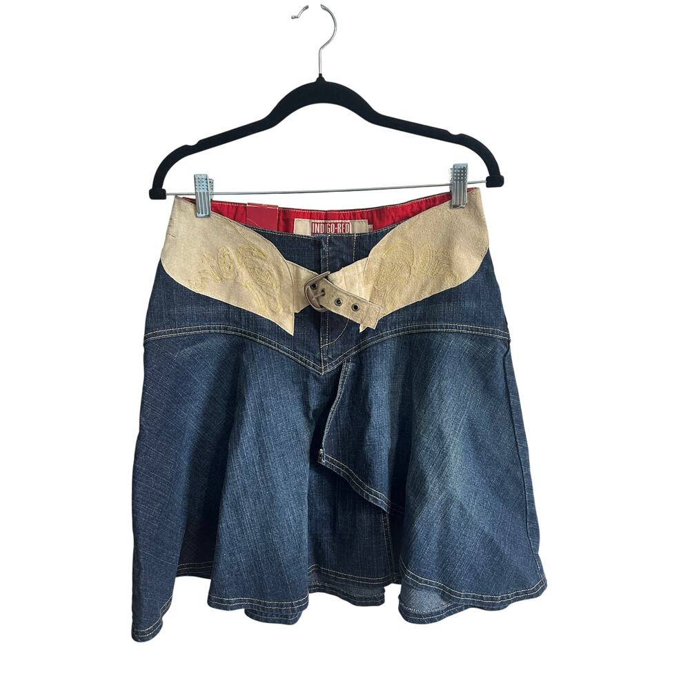 Indigo Red NWT Deadstock Y2K Denim Mini Skirt Belted Sz 8 Cowgirlcore - Flaw